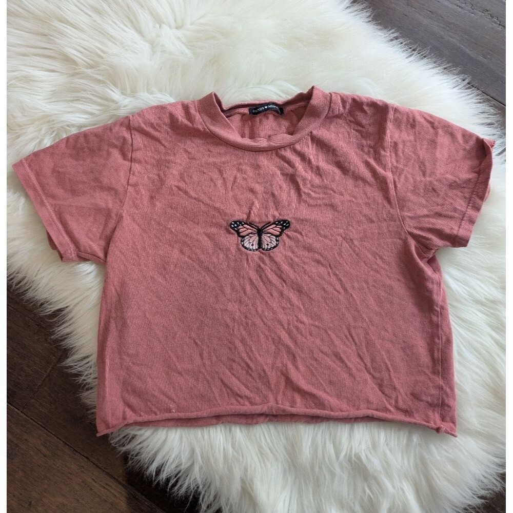 Brandy Melville Helen Butterfly Embroidered Pink Crop Top Small OS One Size